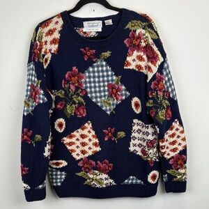 Vtg Hand-knitted Signatures by Northern Isles Sweater Patchwork Cottage Sz Large
